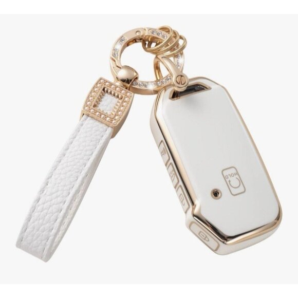 White Car Key Fob Cover with Pearl Keychain Lanyard Cute Modern Car Accessory - Picture 6 of 6